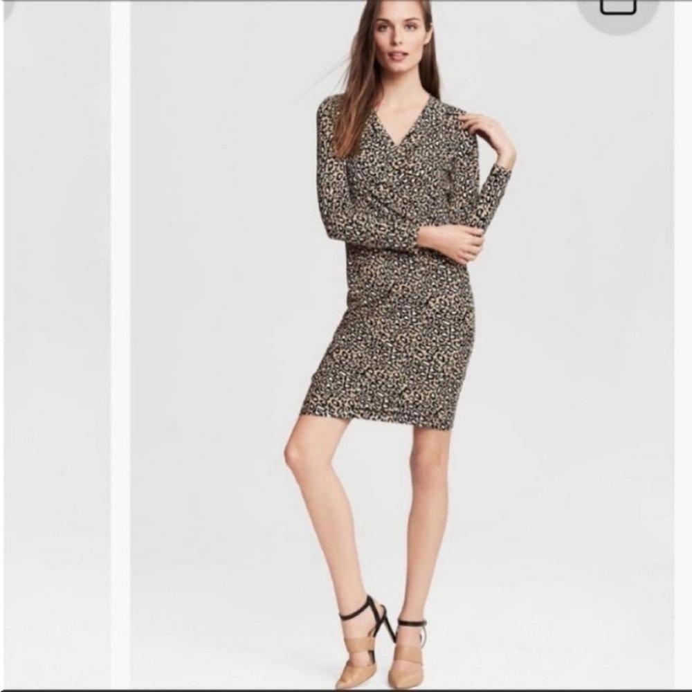 Banana Republic‎ Womens Animal Print Long Sleeve Ruched Dress Tan Size S